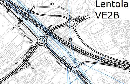 Vaihtoehto 2 B Lentolan eritasoliittymävaihtoehto 2 B liittymä toteutetaan kuten 2 A, mutta jalankulku- ja pyörätielle on tehty alikulkukäytävät liittymän pohjoispuolelle.