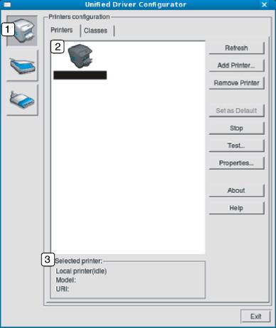 Unified Driver Configurator -työkalun käyttäminen Linuxissa 11 Printers configuration Printers configuration -ikkunassa on kaksi välilehteä: Printers ja Classes.