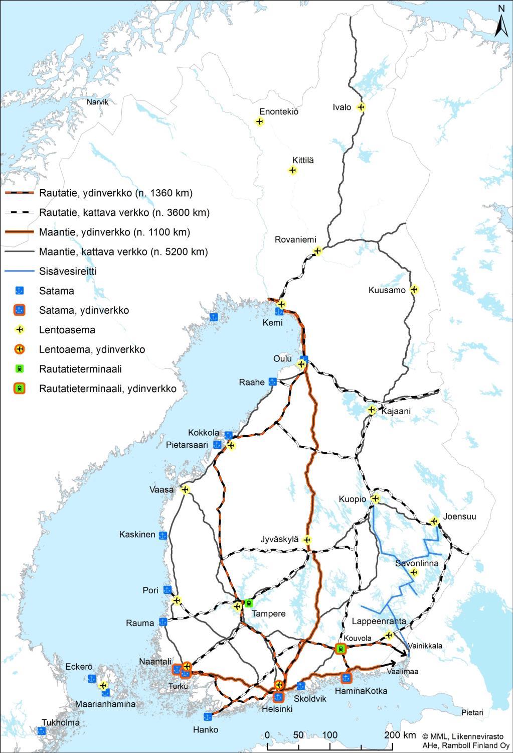 TEN-T YDINVERKON MÄÄRITELMÄ Ydinverkkoon Suomessa kuuluu NSB Extension (Suomikäytävä, Bothnian Corridor), mutta se ei kuulu ydinkäytäväverkkoon päärata ja vt4 & vt29 välillä Helsinki Tornio Saimaan