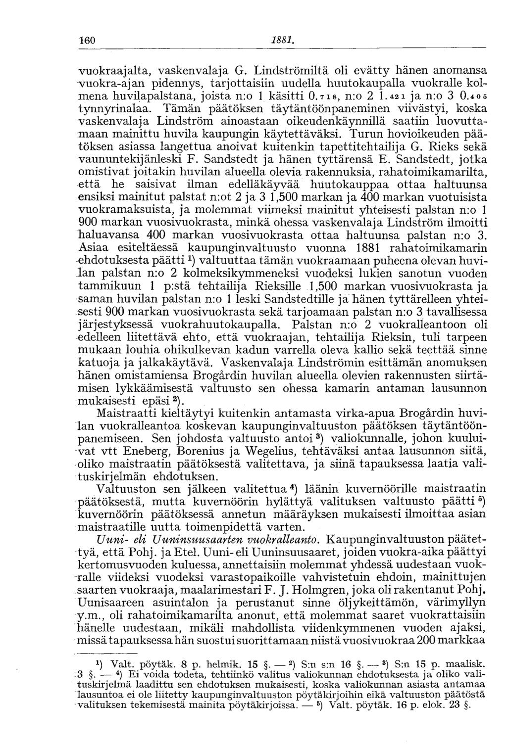 162 1881. vuokraajalta, vaskenvalaja G. Lindströmiltä oli evätty hänen anomansa vuokra-ajan pidennys, tarjottaisiin uudella huutokaupalla vuokralle kolmena huvilapalstana, joista n:o 1 käsitti 0.