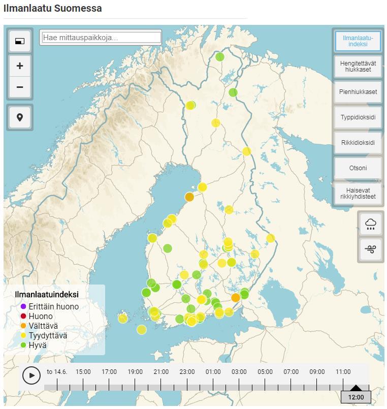 6 Heikentyneestä ilmanlaadusta tiedotetaan tarvittaessa myös paikallismedian kautta. Kuva 2. Esimerkki Ilmatieteenlaitoksen ilmanlaatuportaalin näkymästä 15.6.2018.