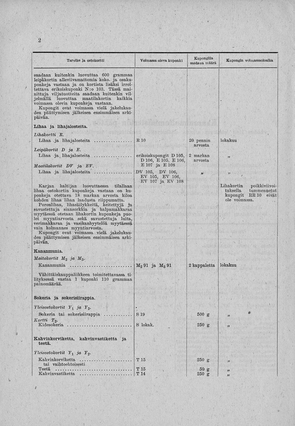 2 / saadaan kuitenkin luovuttaa 600 grammaa leipakortin alleviivamattomia koko. ja osakuponkeja vastaan ja on kortista lisäksi irroitettava erikoiskuponki N:o 103.