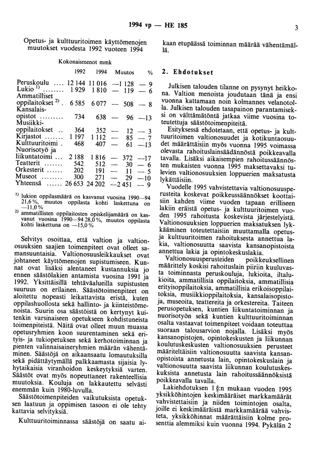 1994 vp - HE 185 3 Opetus- ja kulttuuritoimen käyttömenojen muutokset vuodesta 1992 vuoteen 1994 Kokonaismenot mmk 1992 1994 Muutos % Peruskoulu... 12144 11016-1 128-9 Lukio I).