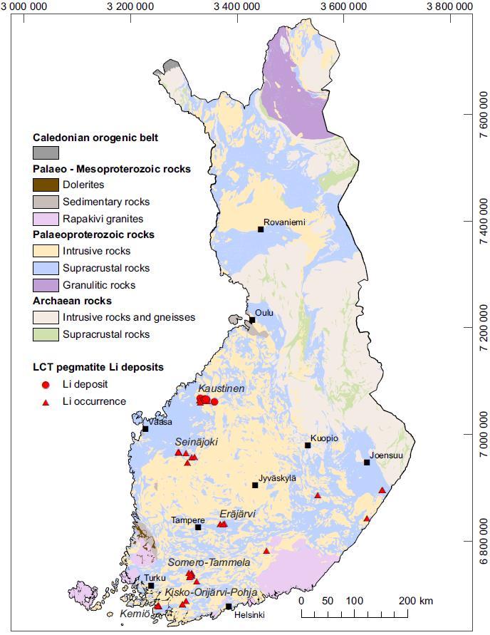 Li deposits and occurrences in Finland