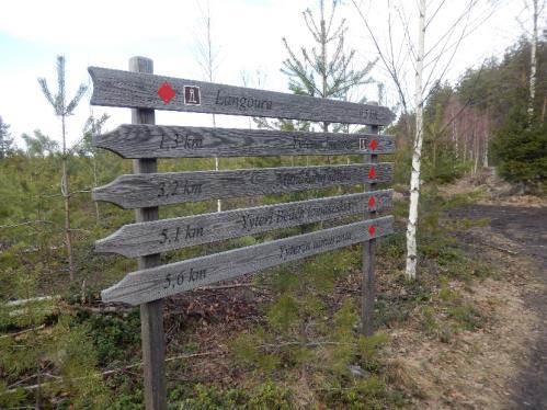 60 Kuva 44. Opaste viitta ennen risteystä Kuva 45. Risteys Reitti kulki Langouran luontotornin jälkeen vaihtelevassa maastossa.