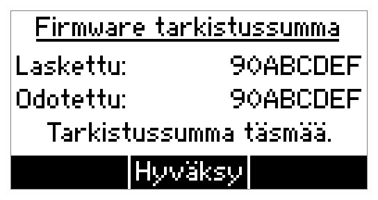 Näytön alareunassa näkyvä versionumero viittaa CEMP-sähkömittarin varusohjelmaan. Tässä valikossa näkyvien tietojen koskemattomuus on huolella tarkastettu ja suojattu.