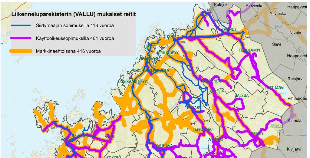Joukkoliikenteen tarjonta Valtakunnallisessa liikenneluparekisterissä (VALLU) on yhteensä 935 linja-autovuoroa, jotka liikennöivät suunnittelualueella (kuva 9). Valtaosa (n.