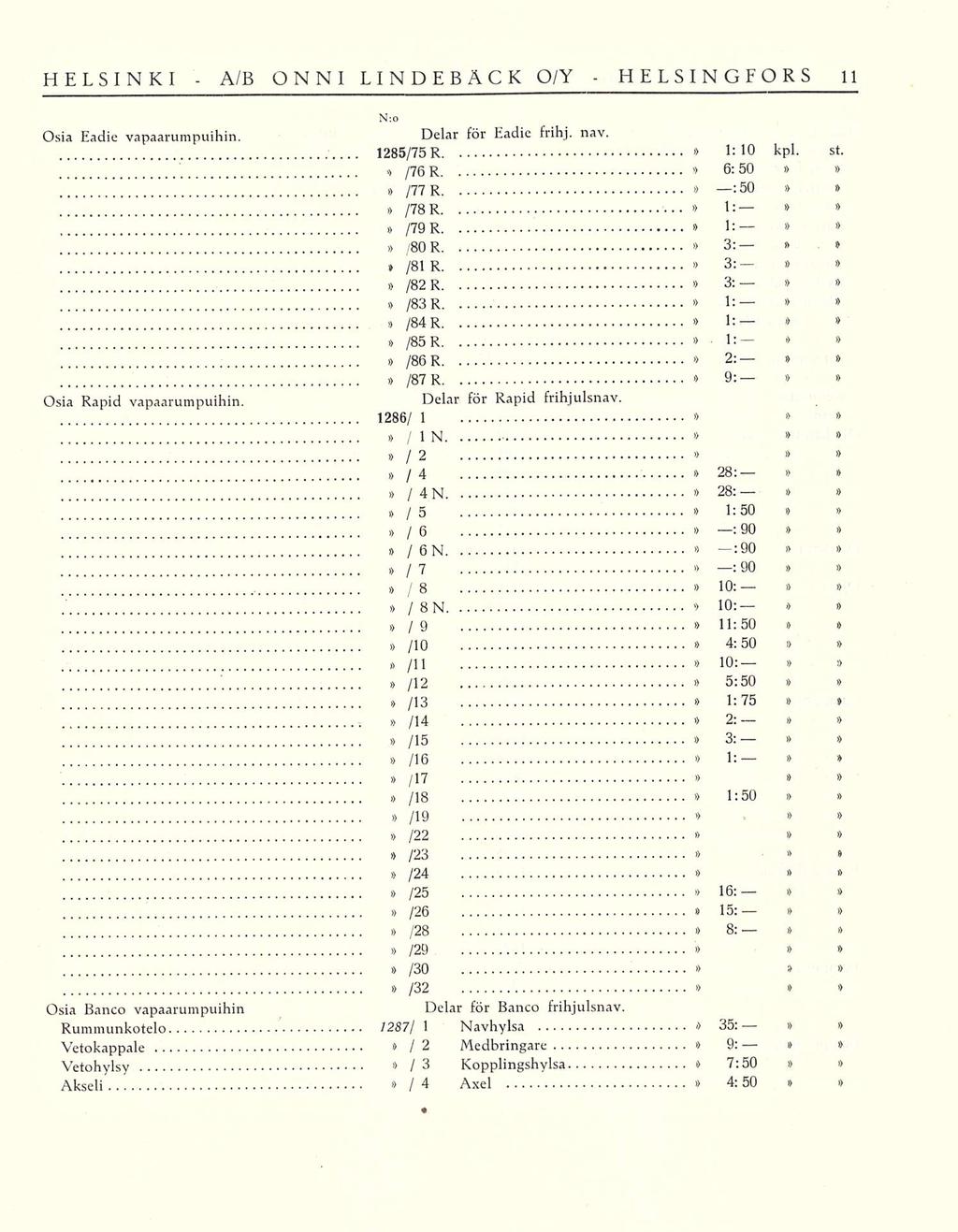 ... 1285/75 ONNI LINDEBÄCK OIY Osia Eadie vapaarumpuihin. N;o Delar för Eadie frihj. nav. R 1:10 kpl. st. >> /76 R 6:50 Osia Rapid vapaarumpuihin.