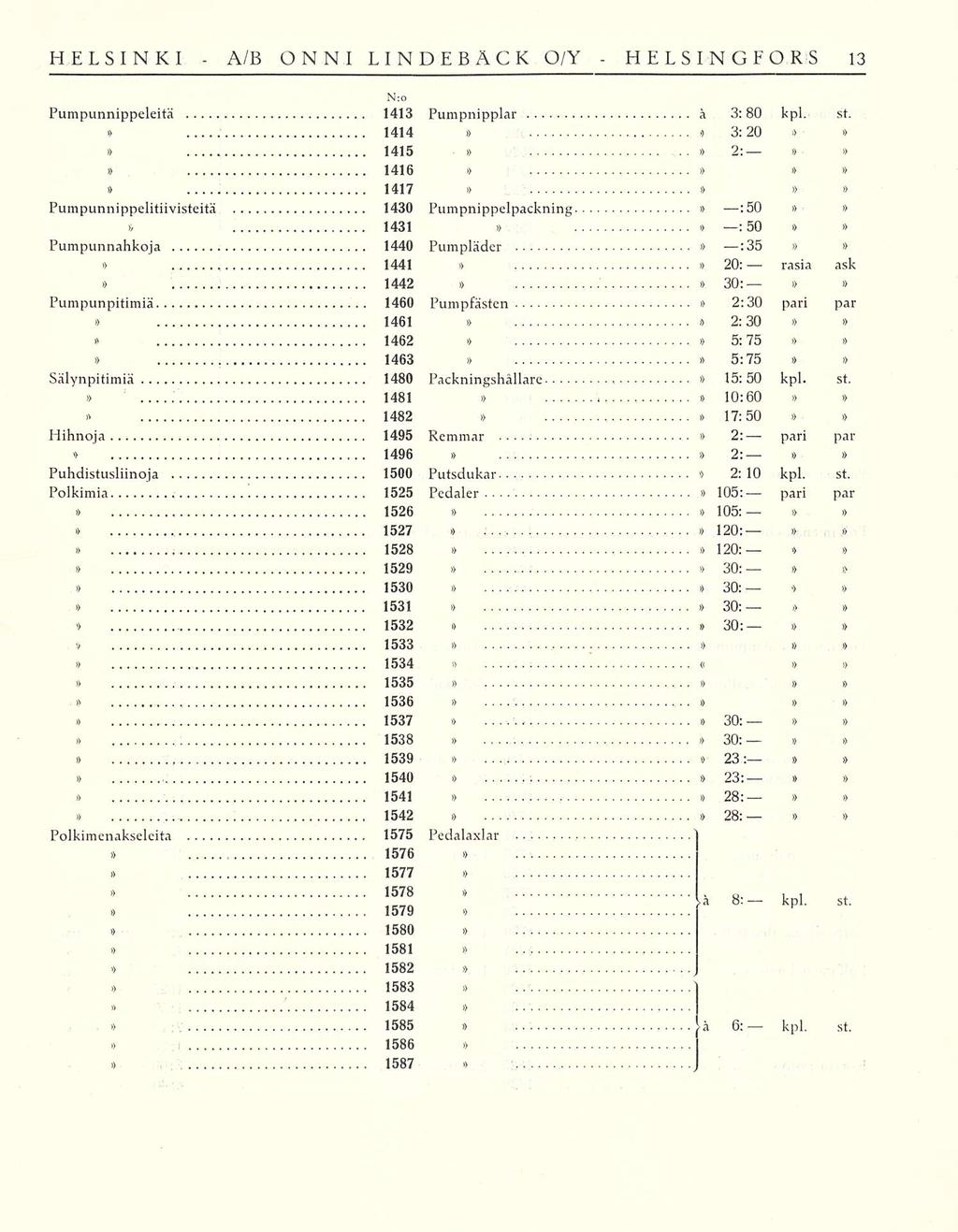1586 A/B... ONNI LINDEBÄCK OI Y Pumpunnippeleitä 1413 Pumpnipplar å 3:80 kpl. st. 1414 o 3:20 1415.