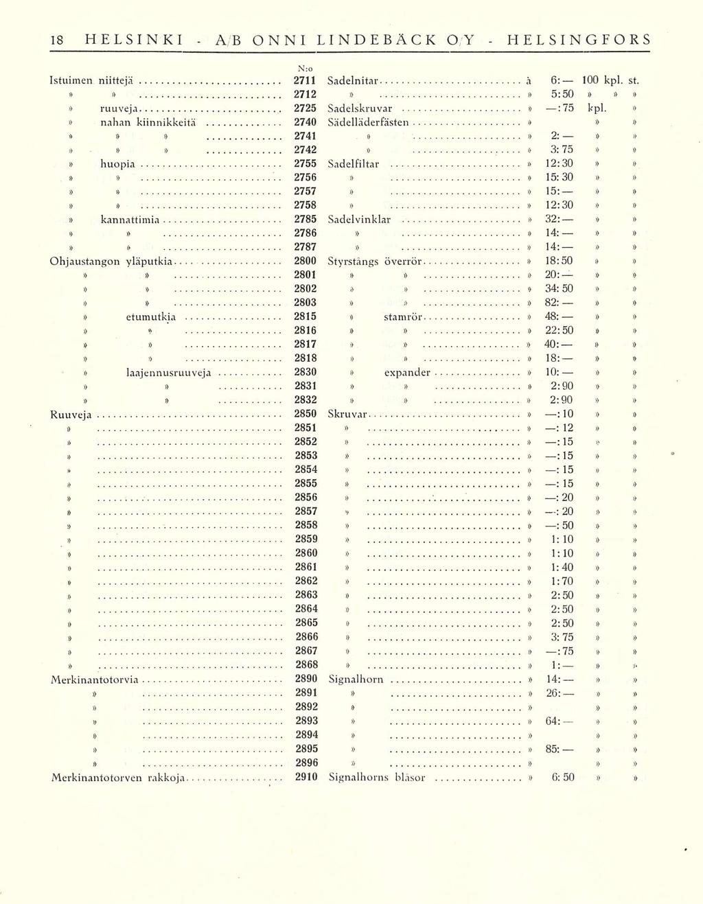 A;B o ONNI LINDEBÄCK OY Istuimen niittejä 2711 Sadelnitar ä 6: 100 kpl. st. i) 2712 5:50 ruuveja 2725 Sadelskruvar :75 kpl.