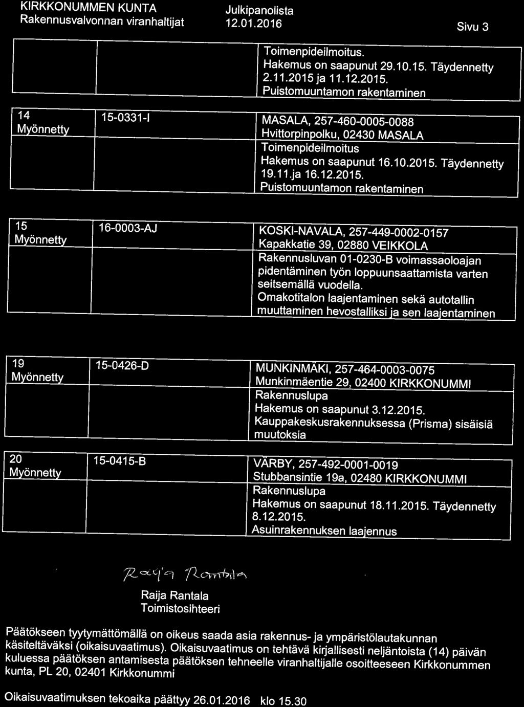 12. 01. 2016 Sivu 3. Hakemus on saapunut 29. 10. 15. Täydennetty 2. 11.2015ja 11. 12.2015. _Pyistomuuntamon rakentaminen 15-0331-1 MASALA, 257-460-0005-0088 Hvittorpinpolku, 02430 MASALA Hakemus on saapunut 16.