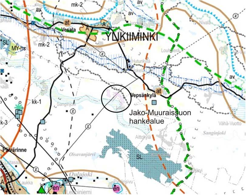 Jako-Muuraissuon turvetuotantoalueen YVA-selostus 23(126) selänne, joka on maakuntakaavassa merkitty tärkeäksi pohjavesialueeksi. Suojelualueet on merkitty SL-merkinnällä.