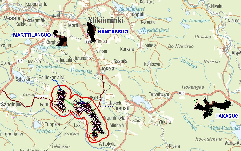 Jako-Muuraissuon turvetuotantoalueen YVA-selostus 28(126) Taulukko 2. Jako-Muuraissuon lähisoiden tila, puhdistusmenetelmät, pinta-alat ja käytöstä poistumisaikataulut.