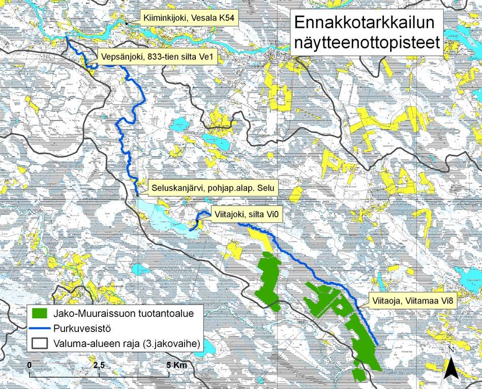 Jako-Muuraissuon turvetuotantoalueen YVA-selostus 45(126) Kuva 17. Ennakkotarkkailun näytteenottopisteet sekä Jako-Muuraissuon tuotantoalueen purkureitti vesistössä.