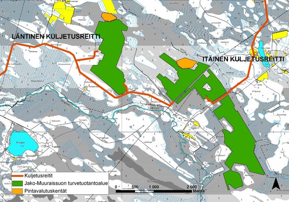 Jako-Muuraissuon turvetuotantoalueen YVA-selostus 62(126) Kuva 23. Kuljetusreitit Jako-Muuraissuolta.