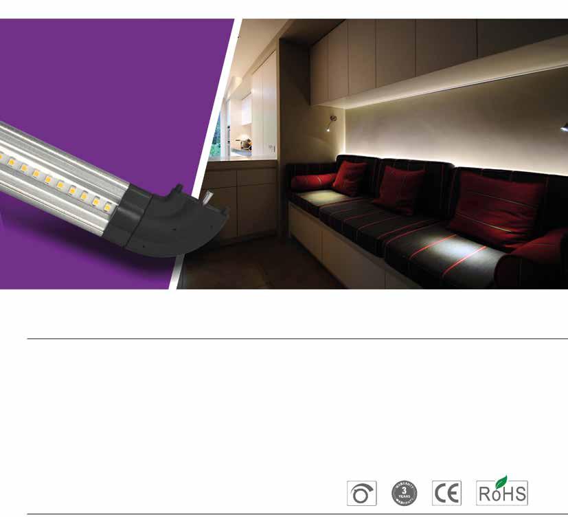 Led-alumiinilista 12 VDC käyttöjännite 12 VDC helppo asentaa mukana tulevilla kiinnikkeillä kaikki osat helposti toisiinsa liitettävissä suojausluokka IP44 voidaan himmentää voidaan ketjuttaa max 2,5