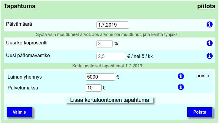 Syötämme tekstikenttiin lainanlyhennyksen määrän ja lyhennyksestä perittävän palvelumaksun, jolloin koko tapahtuman määrittely näyttää tältä: Viimeistellään tapahtuman luonti ja