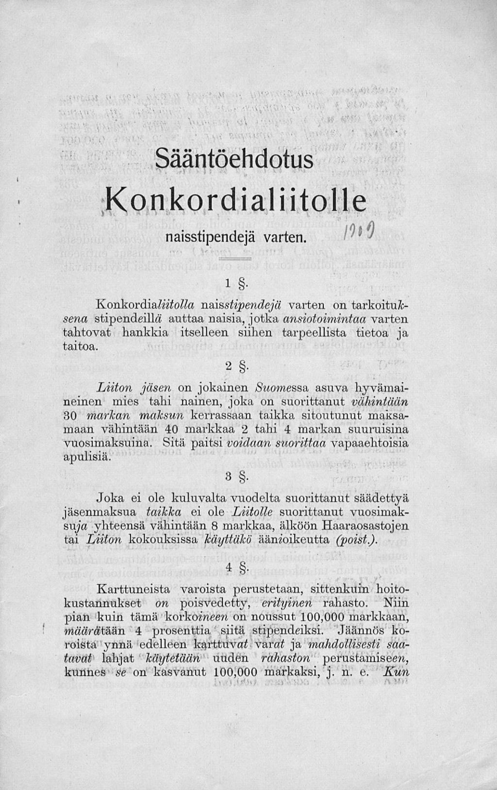 Sääntöehdotus Konkordialiitolle naisstipendejä varten.
