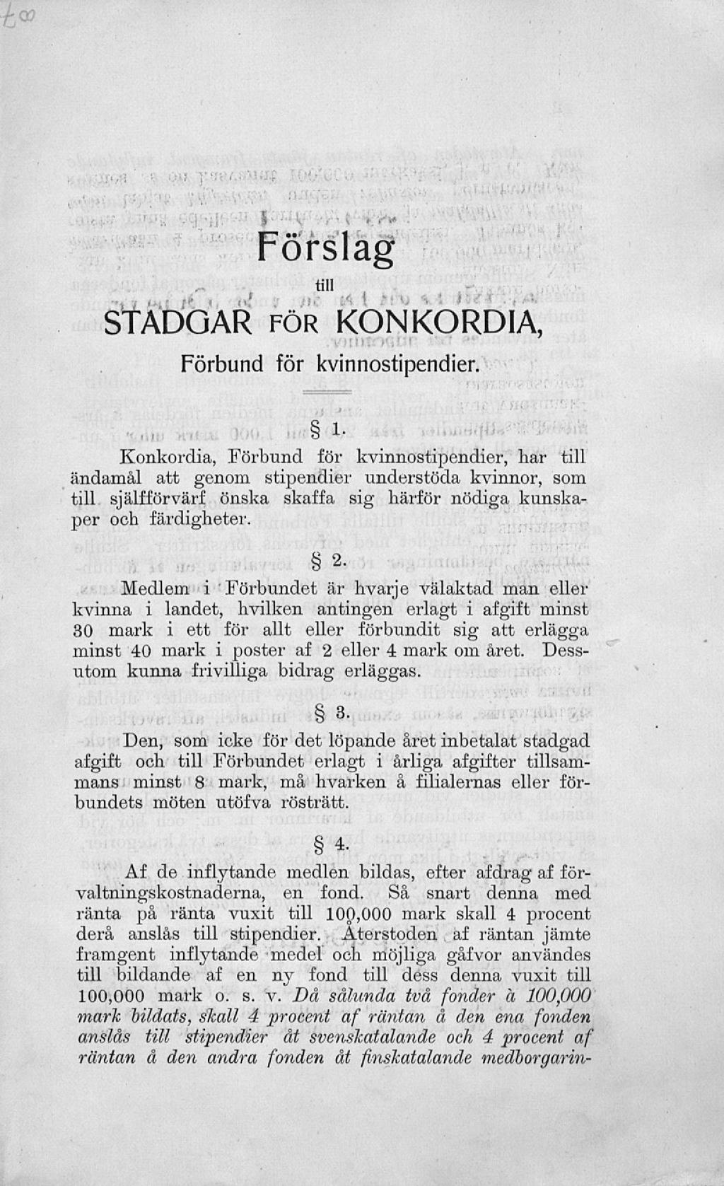Förslag till stadgar förkonkordia, Förbund för kvinnostipendier.