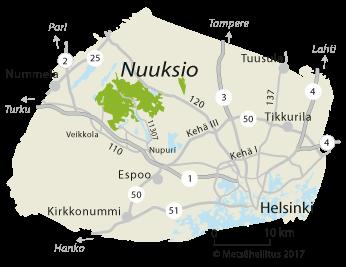 Saapuminen Haukkalammelle Nuuksio sijaitsee Espoon, Vihdin ja Kirkkonummen alueilla noin 40 kilometriä Helsingistä luoteeseen ja sinne on helppo saapua autolla.