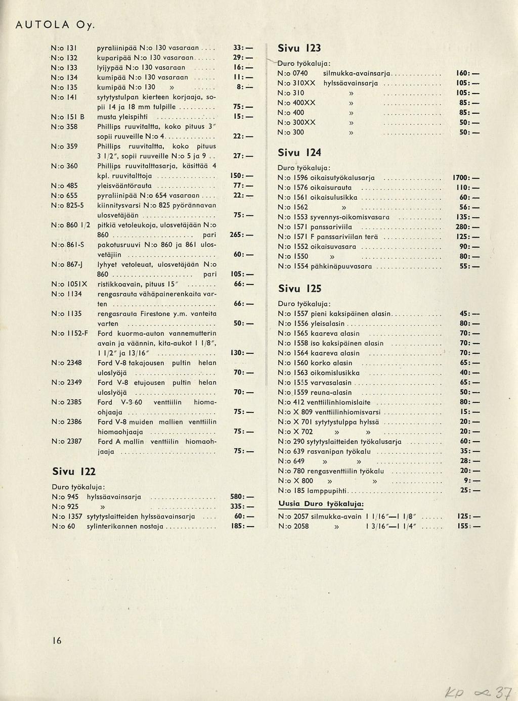 33:. AUTOLA Oy. Nro 131 pyraliinipää N :o 130 vasaraan.