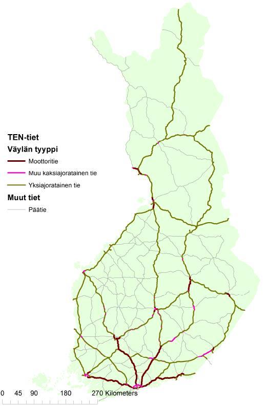 TEN-T tieverkko Suomessa: Kattava verkko n. 5200 km, josta ydinverkko n.