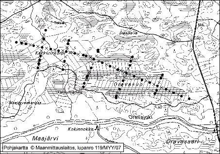 Tapio Toivonen ja Samu Valpola Kuva 12. Oravasuon tutkimus- ja syvyyspisteet. 10. Nälkäsuo Nälkäsuo (kl. 1144 04, x = 6836,9, y = 1556,3) sijaitsee noin 10 km Pomarkun keskustasta eteläkaakkoon.