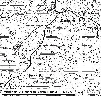 Tapio Toivonen ja Samu Valpola Kuva 15. Mattilannevan tutkimus- ja syvyyspisteet. 13. Saarineva Saarineva (kl. 1144 05, x = 6840,4, y = 1559,8) sijaitsee noin 7 km Pomarkun keskustasta itäkaakkoon.