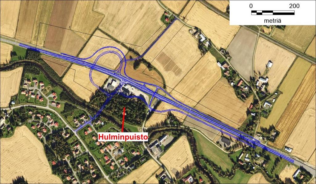 Kuva 2. Tiesuunnitelman mukaiset linjaukset (siniset viivat) ilmakuvapohjalla. Kuva 3.