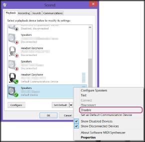 Jos et voi napsauttaa kaiuttimen [Connect]-valintaa, valitse [Disable] siitä [Default