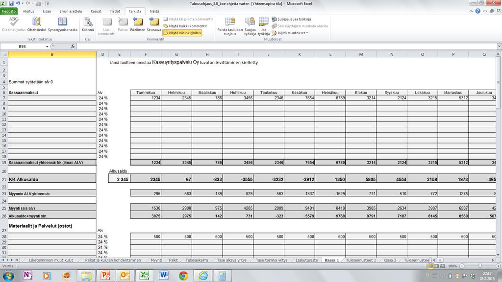 Kassa 1-3 (Excelissä on kolme kassaa joihin voit tehdä erilaisia ennusteita Laita alvi % mikäli haluat että excel laskee alv ennustetta Tänne voit ennustaa myyntiä alv