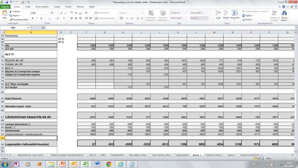 Kassa 1-3 Excel tekee alv ennustetta verottajalle tehtävästä tilityksestä ja verottajan palauttamasta alv:stä Tästä näet kassaennusteen, eli tilin loppusaldon/kk.
