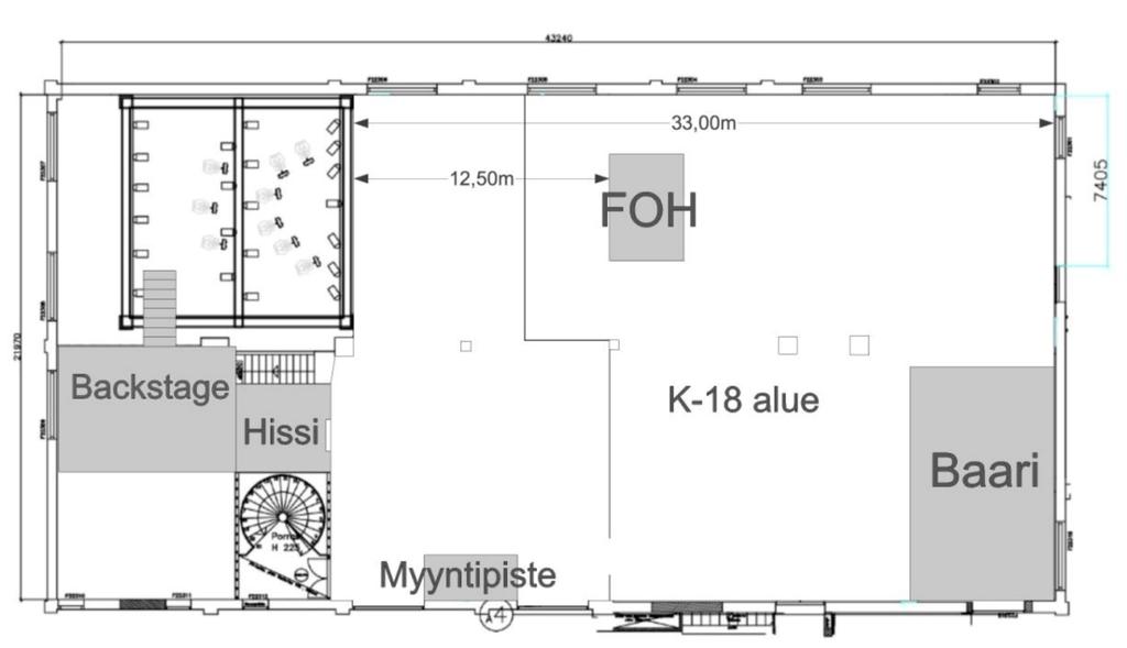 TILA - 900 m², korkeus 5,50 m - 7,50 m - Salin kokonaisleveys 22 m - Kaksi kaarikattoa, jossa palkkeja harvassa - LED-tilavalaisujärjestelmä - Kapasiteetti 610 hlöä - Tupakointi kielletty koko