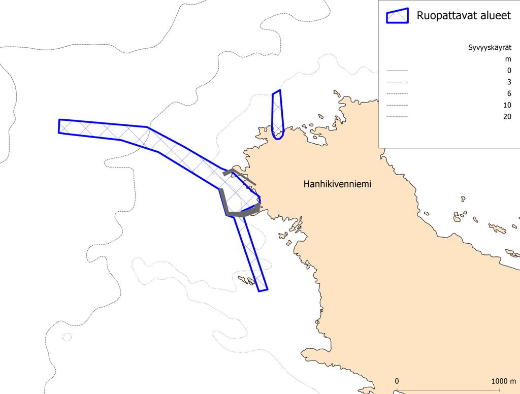 Kuva 3. Ruopattavat alueet rakennettavan sataman ja väylän alueella. Taustakartta Liikennevirasto 2014.
