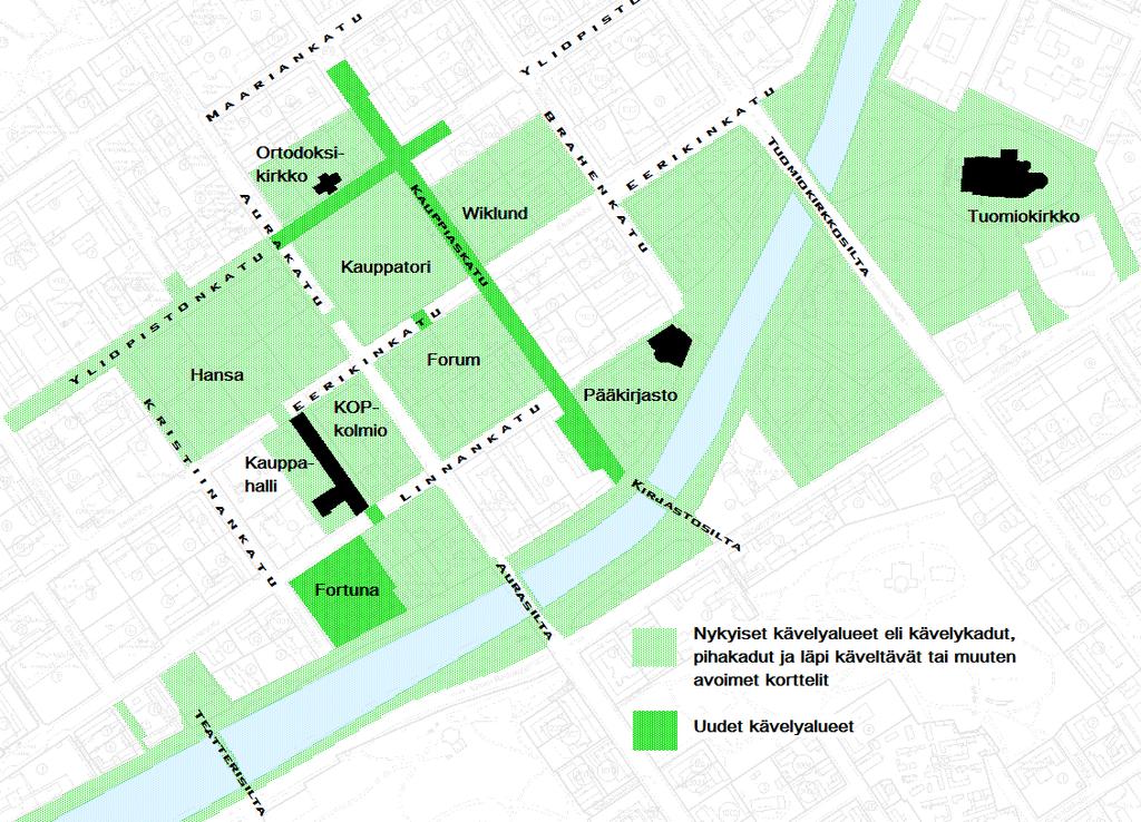 20 Kuva 18 Kävelykeskustan laajeneminen. Ydinkeskustan pysäköintipaikat keskitetään maanalaiseen pysäköintilaitokseen ja maanpäällistä pysäköintiä poistetaan.