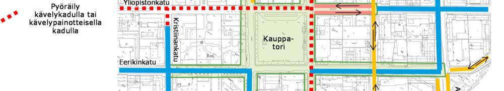 Brahenkadun pääpyöräreitillä säilyy nykyinen kaksisuuntainen pyöräväylä.