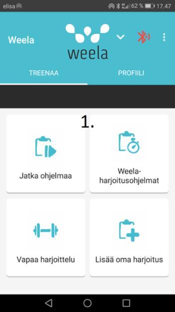 Kuntoilulaitteeseen liitetään Bluetooth-yhteydellä käyttäjän oma mobiililaite, joka toimii sovelluskaupasta ladattavan WeelaTrainer-mobiilisovelluksen kautta (kuva 2).