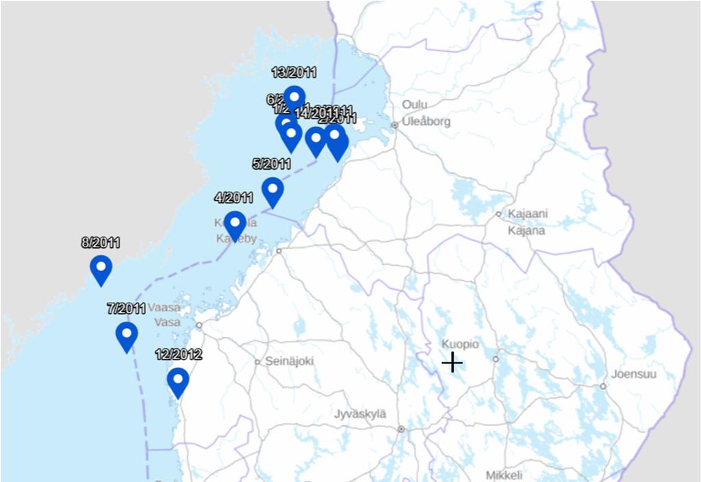 Liite 1. Tapahtumapaikat kartalla Jäistä johtuneiksi arvioitujen talvimerenkulun onnettomuuksien tapahtumapaikat on esitetty seuraavilla kartoilla vuosittain.