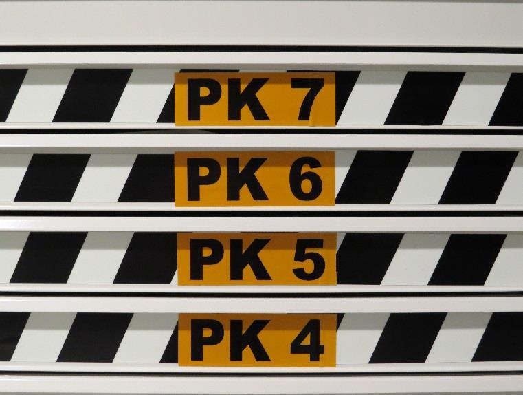 Vetolaatikot merkitään koodeilla (PK 1-7). Numero kertoo esineiden pelastus- eli tärkeysjärjestyksen.