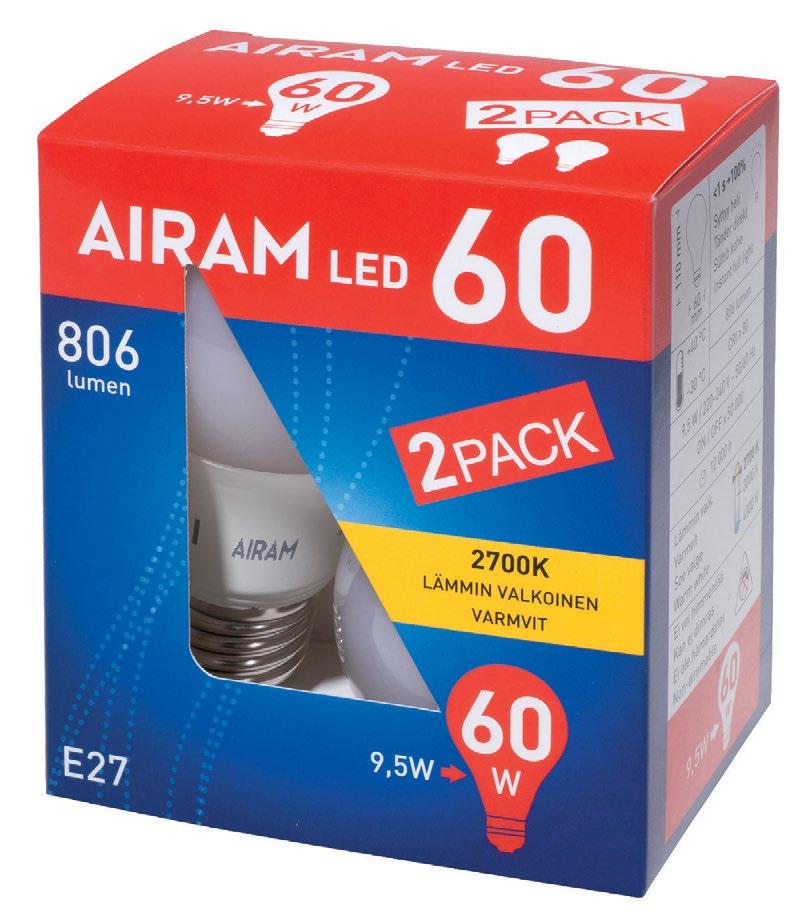 8 AIRAM LED-LAMPPU kpl/pkt (,/kpl) Värilämpötila on 7 K ja valoteho 70 lm tai 806 lm, joka vastaa