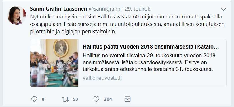 2018 I lisätalousarvio 29.5.