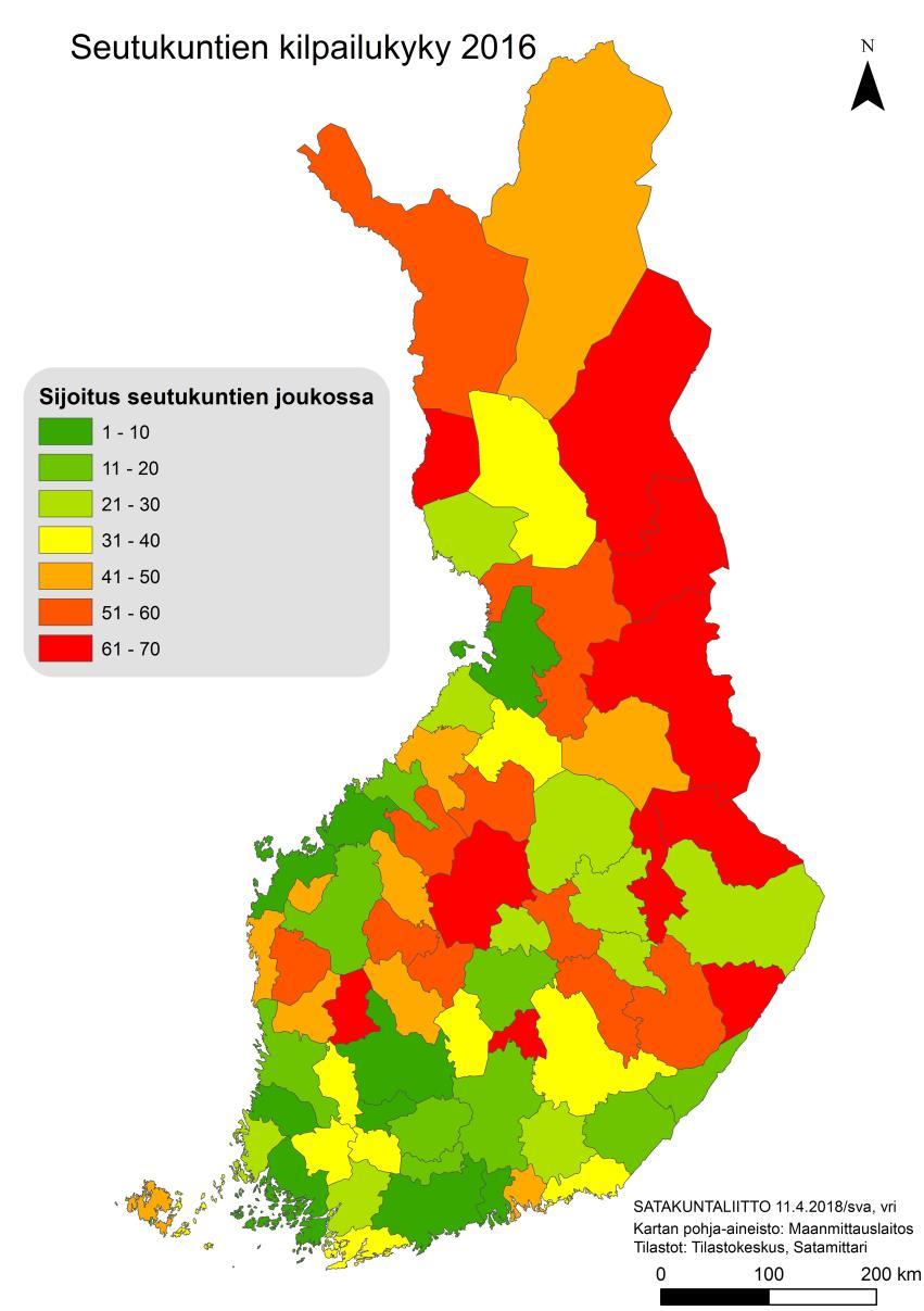 SUOMEN SEUTUKUNTIEN KILPAILUKYKY vuonna 2016: kuuden tekijän mittaristo (seutukuntia 70 kpl).