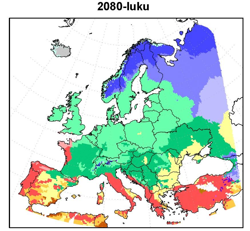 Ilmastovyöhykkeet 2080-luku (Gt C/vuosi) Päästöskenaario A1B Polaari-ilmastot Tundrailmasto Kylmätalviset ilmastot Sateita läpi vuoden Kuivat kesät Leutotalviset ilmastot Sateita läpi vuoden