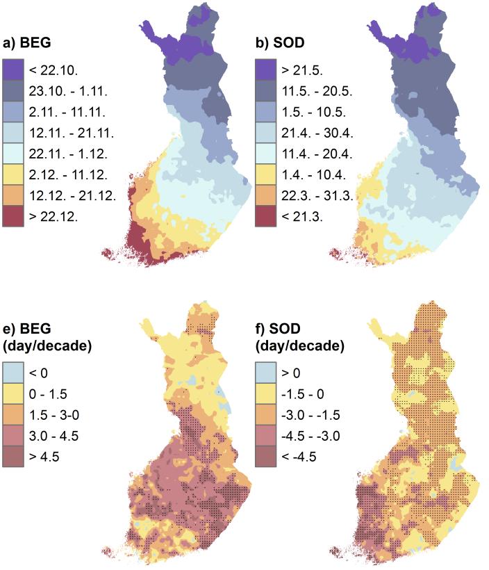 Pysyvän lumikauden alkamis- ja päättymisajat 1961-2014 Alkamisaika Päättymisaika Alkamisajan muutos Päättymisajan muutos Luomaranta et al.