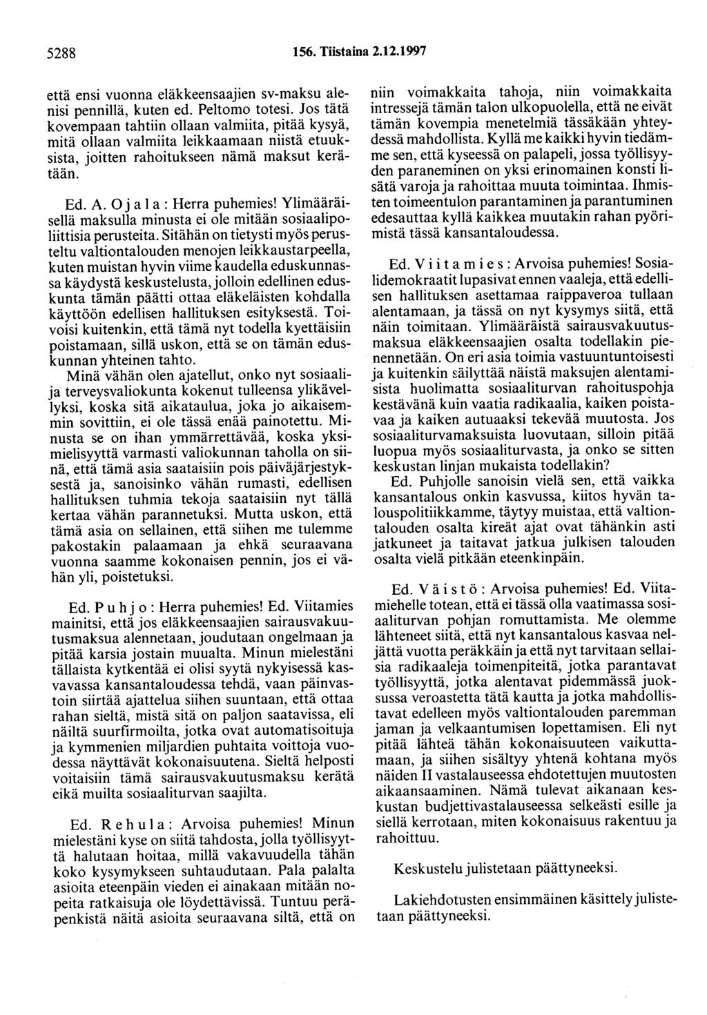 5288 156. Tiistaina 2.12.1997 että ensi vuonna eläkkeensaajien sv-maksu alenisi pennillä, kuten ed. Peltomo totesi.