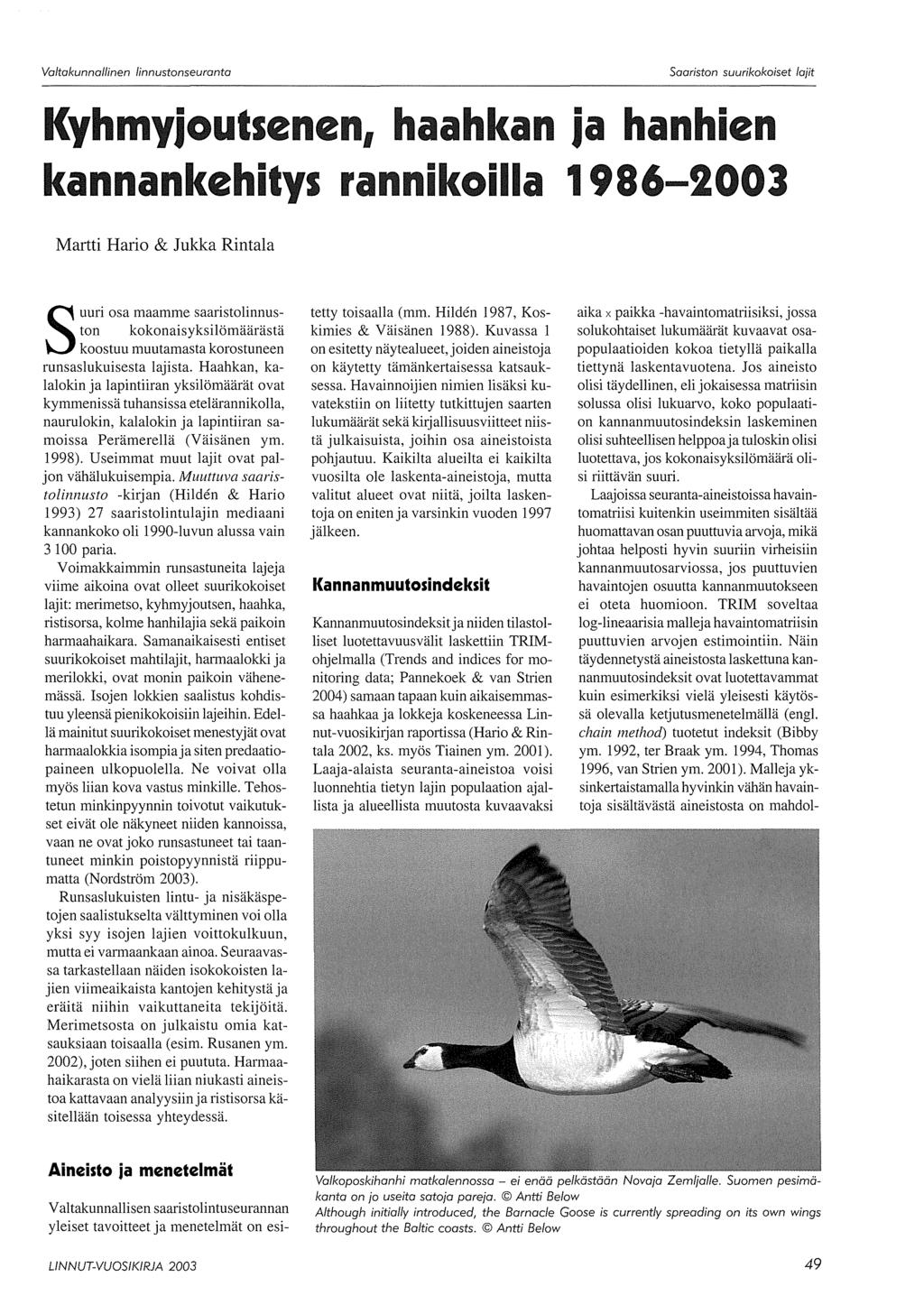 Kyhmyjoutsenen, haahkan ja hanhien kannankehitys rannikoilla 1986-3 Martti Hario & Jukka Rintala S uuri osa maamme saaristolinnuston kokonaisyksilömäärästä koostuu muutamasta korostuneen