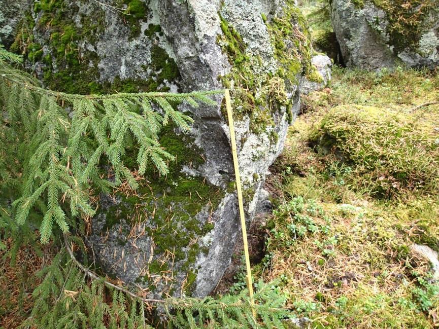 4 Ks. kansikuva (louhittu kivi) Louhittu kivi. Porausjälkiä kiven eteläsyrjällä. Mitta 1 m pituinen. Kuvattu koilliseen. Kalliolouhos.