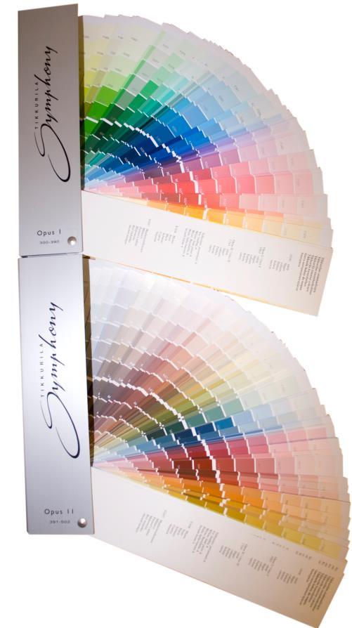 SYMPHONY -värijärjestelmä Symphony sisältää 2436 väriä sisämaalaukseen 203 kantaväriä, 1 218 kantaväristä vaalennettua väriä ja 1 015 kantaväristä harmaa-asteikon mukaan taitettua väriä