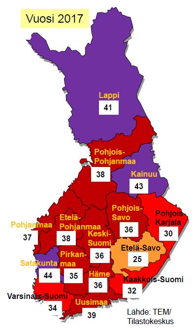 20 % Lappi Pohjois- Pohjanmaa 26 31 Kainuu 39 Pohjan maa Etelä- Pohjanmaa Keski- 24 26 Suomi Pirkanmaa 19