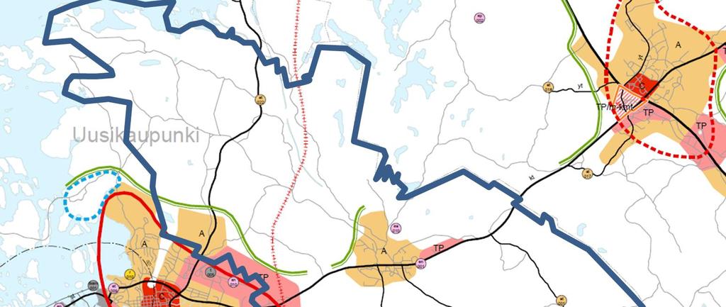 Osittain osayleiskaavan alueelle ulottuu sinisellä katkoviivalla osoitettu alue, jolla taajamaalueen laajentumisen vaikutukset seudun yhdyskuntarakenteen kehitykselle on
